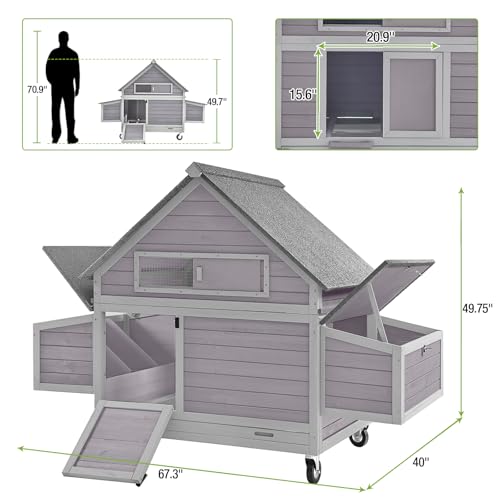 GUTINNEEN Large Mobile Chicken Coop with Heavy-Duty Wheels, Extra-Large Nesting Boxes, Lockable Metal Pull-Out Tray, Weather-Resistant Roof, Spacious Outdoor Poultry Cage, Ideal for 3–6 Chickens - size: 67.3"L x 40"W x 49.75"H