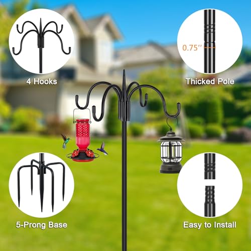 Heavy Duty Shepherds Hook 2 Pack 92" Four Hooks Adjustable (44/60/76/92") - Metal 5-Prong Base, 17lb Capacity - Easy Assembly Bird Feeder Pole for Hanging Planters, Lanterns, Wind Chimes - color: 2-Pack, size: 92" Quadruple Hook