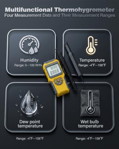MT-93D Split Thermo Hygrometer Humidity Meter | Flexible spring cord air temp probe, RH dew wet bulb readout, backlit LCD, data hold MAX/MIN, ℃/℉, humidifier HVAC greenhouse