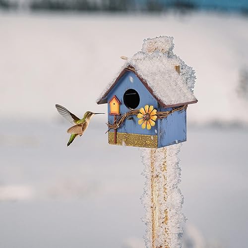Blue Wooden Hanging Bird House Feeder for Outside Garden Wild Birds | Decorative blue wooden hanging birdhouse feeder nest box for outdoor garden, hummingbird cardinal bluebird bird lovers gift