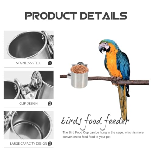 POPETPOP 2 Pcs Bird Parrot Feeding Double Cups with Clip - Stainless Steel Bird Bowls for Cage, Food Feeder Cups Hanging Bowl for Cage Stand Accessories