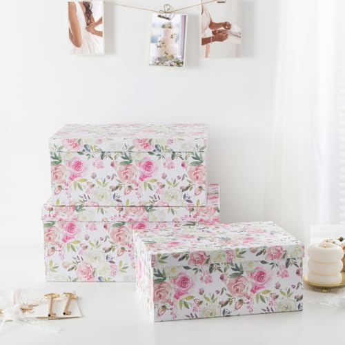 Soul & Lane - Summer Rose Decorative Storage Boxes with Lids, Set of 3 | Large Nesting Cardboard Keepsake Boxes for Photos and Gifts, Pink Vintage Rose Print Containers for Home Decor - color: Summer Rose