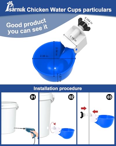 Chicken Waterer Cups (8 Pack) with 3/8" Drill Bit - Blue | Automatic Poultry Drinker Feeder Kit for Chickens, Ducks, Turkeys, Quail, Bunnies | DIY Gravity Fed Bucket Water Dispenser - color: Blue, size: 8 Pack + Drill bit