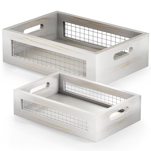 Wooden Countertop Baskets Set of 2 for Kitchen, Bathroom, Pantry|Wall Mount Upgrade with Full Accessories| Rustic Nesting Boxes|Wooden Organizer Crates for Fruit, Vegetables, Produce, Bread - color: White