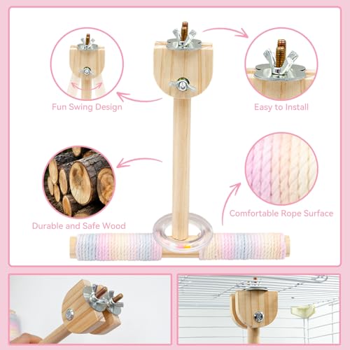 Bird Cage Accessories, Wooden Swing Perch Toy with Rope and Plastic Circle, Parakeet Toys, Bird Toys for Budgies, Cockatiels, Lovebirds, Green Cheeks, Small to Medium Birds