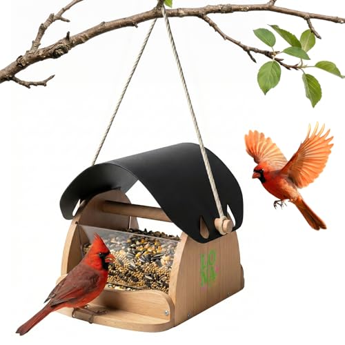 LONA Wooden Bird Feeder for Outdoors Hanging, Large Capacity Wood Birdfeeder for Feeding Outside Garden Unique Wild Bird Feeder House for Cardinals Finches Sparrow Chickadees