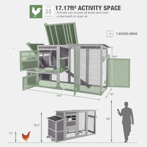 Mobile Chicken Coop with Run, Large Wooden Hen House Poultry Cage with Wheels, Weatherproof Roof, Sectionable Nesting Box, Pull-Out Tray for 3-5 Chickens, 74.9" L x 26" W x 39.4" H (Grey)