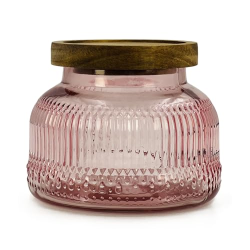 Decorative Pink Ribbed Glass Jar with Airtight Wooden Lid, 25.4 fl. oz | Wide mouth vintage storage canister, kitchen pantry bathroom organization, coffee sugar tea cookie candy candle vase gift - size: 25.4 Ounces, style: Pink Ribbed