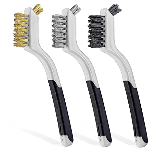 Wire Brush Set 3Pcs - Nylon/Brass/Stainless Steel Bristles with Curved Handle Grip for Rust, Dirt & Paint Scrubbing with Deep Cleaning – 7 Inches (Grey) - color: Gray