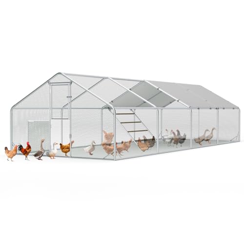 Sannwsg 10x26 FT Metal Chicken Coop with Run, Large Walk in Chicken Pen with Waterproof Cover, Secure Lock, Heavy Duty Poultry Cage with Feeding Door for Outdoor Farm Use - size: 10x26 FT