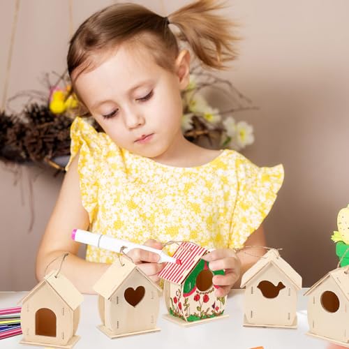 Outus 12 Pcs 5 × 7 Inch DIY Wooden Birdhouse Kit for Kids, Art Painting Bird House Craft Kit Unfinished Bird House Craft for Easter, Kids with Butterfly Sticker Gift 4 Shapes Summer Arts (Exquisite) - style: Exquisite