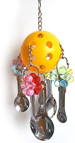 Litewoo Bird Chew Toy Metal Spoons Hanging for Parrot Macaw | 5 metal spoons, colorful acrylic flower, durable chew toy, cage hanging swing, for parrots/cockatoos/african grey/conure - color: A - Spoon Toy