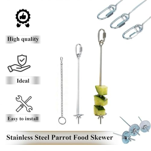 6PCS Stainless Steel Long Medium Short Fruit Forks Bird Cage | Parrot Vegetable Feeding Snack Rack Bird | Toys for Parakeets | 3 Hook 3 Chains