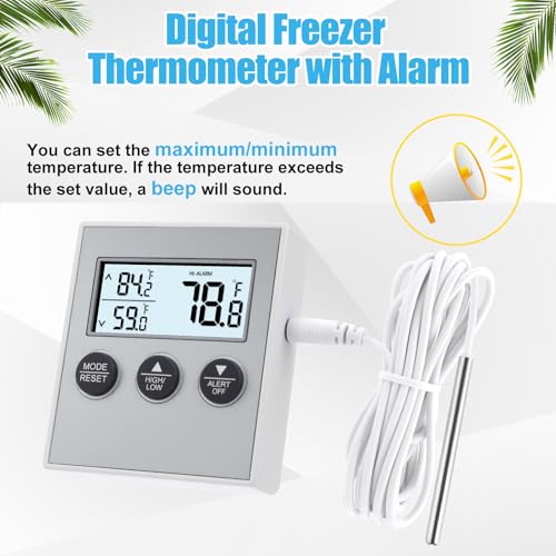 Relaxweex 3 Pack Refrigerator Thermometer Freezer Alarm Digital Thermometer with Sensor, High and Low Alarm Memory Function for Freezer Fridge Kitchen Aquarium(White)