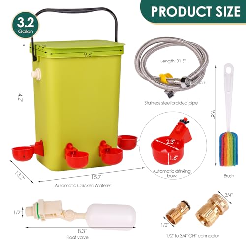 Automatic Chicken Waterer with Float Valve for Poultry | 3.2 Gallon Hanging Poultry Waterer, 6 Water Cups, Large Duck Quail Turkey Goose Chicken Coop Water Dispenser