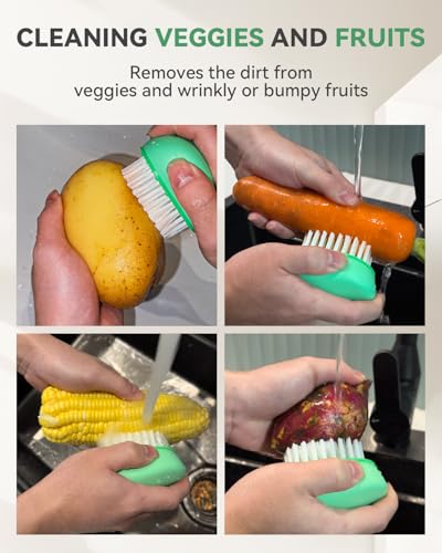 SXhyf Vegetable Brush Scrubber for Food, Black Stiff & White Soft Bristles | Potato Scrubber Brush, Produce Brush for Fruits and Veggies, Vegetable Cleaning Brush for Mushrooms, Carrots, Lemons (Green)