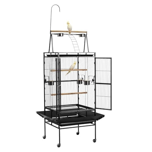 VEVOR Bird Cage, 32.7 x 31.1 x 82.7 inch, Open Flat Top, Wrought Iron Bird Flight Cage with Perches, Slide-Out Tray, Plastic Feeders, for Cockatiel, Monk Parakeet, Amazon Parrot, African Grey Parrot - size: 32.7"L x 31.1"W x 82.7"H