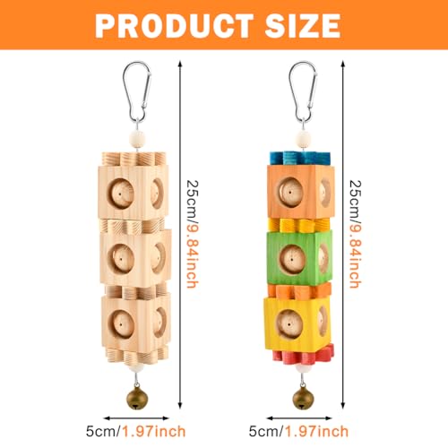 2 Pcs Wooden Bird Chew Toys for Beak Grinding, Hanging Parrot Rotating Wood Block with Bell Parrot Foraging Enrichment Toy for Parakeet, Cockatiel, Conure