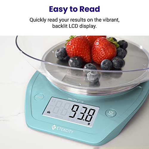 Etekcity Food Kitchen Scale with Bowl, 0.1g, Grams and Ounces | 11lb/5kg capacity with tare, removable bowl, ideal for baking, meal prep and portion control, Stainless Steel, Bright Blue - color: Bright Blue