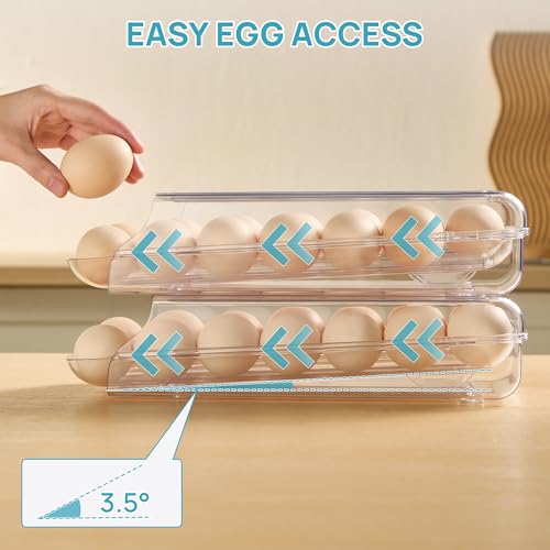 Vtopmart 1 Pack Egg Holder for Fridge, Automatic Rolling Egg Container | Stackable Clear 14-Count Eggs Organizer with Removable Inner Tray, Egg Storage for Refrigerator, Space Saving