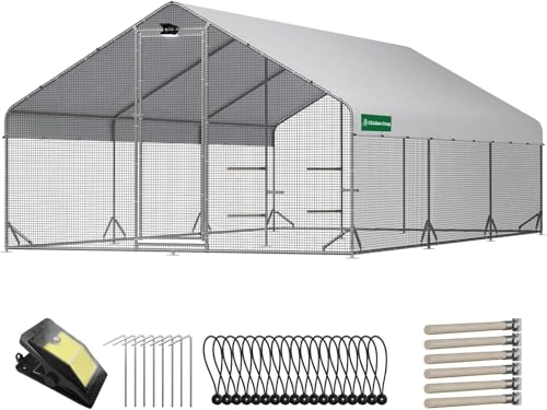 Walk-in Chicken Coop 234" L x 118" W, Outdoor Metal Poultry Cage | Solar Light Included, Predator-Proof Hardware Cloth, Waterproof & UV-Resistant Cover, for Farm & Backyard - size: 234.2"L x 118.4"W x 78.3"H