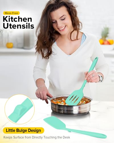 Pack of 2 Silicone Spatula Turners, Non Stick Slotted Kitchen Spatula Set, Heat Resistant BPA Free Kitchen Utensils, One-Piece Design, Suitable for Flipping Fish, Eggs, Steak, Pancakes (GREEN) - color: Green
