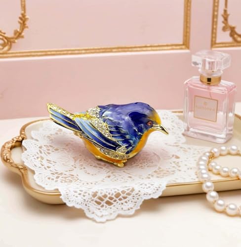 Blue Starling Bird Figurine Hinged Jewelry Trinket Box Gift for Women | enameled with crystals setting Bird Lover Gifts Ring Earrings Storage, Bird home decor - color: Blue-Yellow