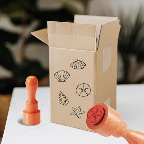 AHANDMAKER 5 Styles Seashells Wooden Rubber Stamp, Starfish Striped Clam Shell Patterns Stamps Round Coastal Stamp for DIY Making Scrapbooking Card Stamping Pottery Clay Crafting - style: Seashells