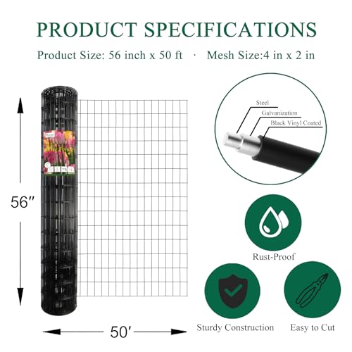 Black PVC Coated Welded Wire Fence 56" x 50' Roll, 2"x4" Mesh, 14 Gauge | Vinyl Coated Garden Fencing, Yard & Pet Barrier, Chicken Wire Fencing, Dog Enclosure Mesh, Vegetable Plant Protector - color: Black, size: 2''x4'' 14GA 56''x50'