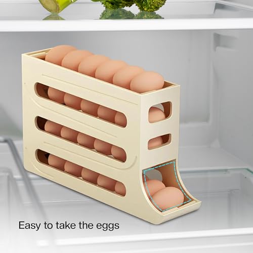 ZAYLAN Auto-Rolling Egg Holder for Fridge – 4-Tier Space-Saving Dispenser Holds 28 Eggs, Cream Organizer with FREE Flower Egg Cutter - color: CREAM