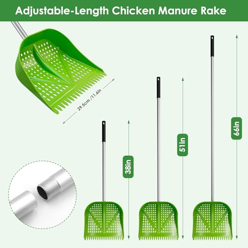 Thiswing Chicken Poop Scooper & Rake 2-in-1, Green | Adjustable Handle Length, Features Manure Sifting Capability, Ideal for Chicken Coops and Farm Animal Cleaning