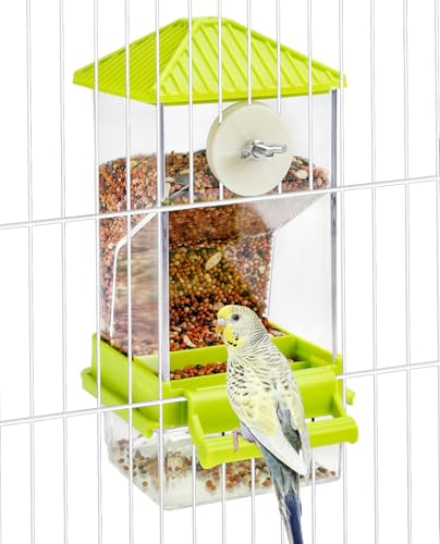 Hamiledyi Automatic Bird Feeder No Mess Bird Cage Feeder Seed Food Container with Perch Transparent Parrot Cage Accessories for Parakeets, Budgies, Cockatoos, Finches, Lovebirds, Canaries (Green) - color: Transparent Green + Perch