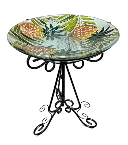 Large Glass Bird Bath with Metal Stand, Pineapple | 18" Wide Bowl, 3.2" Bathing Depth, Thick Glass Construction, Stable 3-Leg Base, Easy Clean Surface, Garden Decor