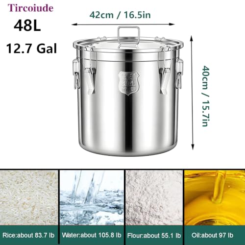 12.7Gal 304 Tainless Steel Rice Storage Container, Large Airtight Canister, 40-90Lbs Lbs Heavy Sealed Rice Bucket with Airtight Lid and Locking Buckle for Bird Seed, Dog Food 48L - size: Standard 48L/12.7gal