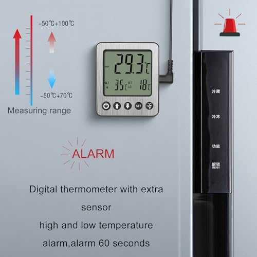 2 pcs Refrigerator Thermometer Freezer Alarm Digital Freezer Thermometer Fridge Thermometer with Extra Sensor high and Low Temperature Alarm (2, Black, ZZ10) - color: Black, size: TH1