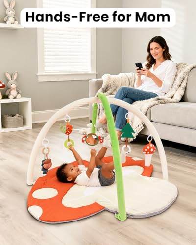 Thickened Baby Play Gym, Machine Washable Playmat | Extra Large Activity Mat, Tummy Time Mat with 5 Detachable Toys for Motor Skills, Non-Slip Bottom, For nursery, Mushroom