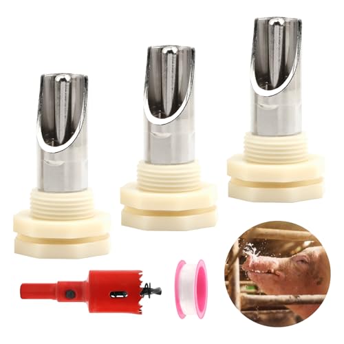 3 PCS Pig Nipple Waterer for Barrel Kit Automatic Waterer System, Stainless Steel Pig Drinker Feeder with Water Tank Connector Kit, Fitting for Piglets Goat(Silver)