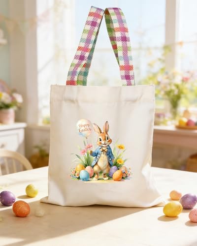 Easter Basket Bunny Canvas Tote Bag, 12.2x11 Inches, Natural Canvas, Hand-Carry, for Gift and Easter Egg Collection - color: B-blue