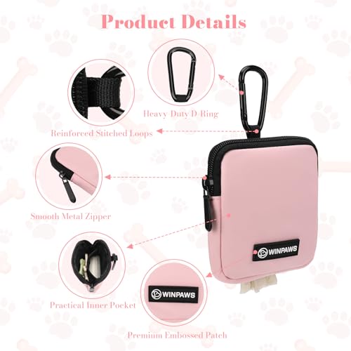 Dog Treat Pouch with Training Clicker,Waterproof Nylon Fabric Poop Bag Holders for Leashes,Hands Free Small Dog Walking Bag with Carabiner, Pet Puppy Training Walking Essentials (Pink) - color: Pink