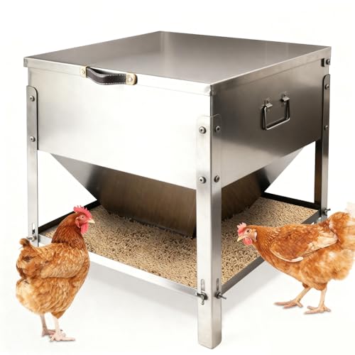 Stainless Steel Chicken Feeder No Waste, Large Capacity Poultry Feeder, Adjustable Metal Chicken Coop Feeder with Lid and Handle