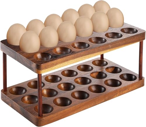 Acacia Wooden Egg Holder with Double Layers, Detachable Wooden Egg Tray Holds 36 Fresh Eggs, Countertop Storage Rack for Gathering Fresh & Easter Eggs, Rustic Decor