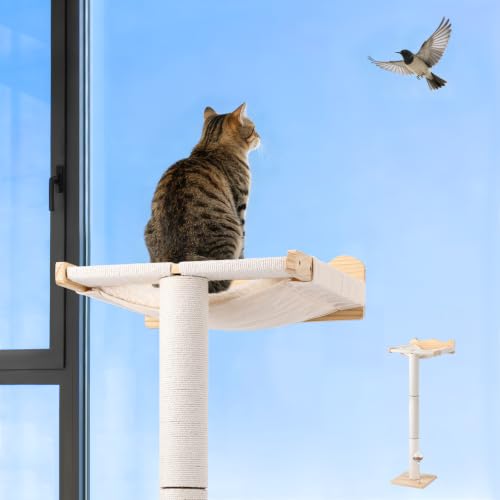 Keaber 44in Cat Scratching Post with Window Perch, Sisal Rope and Cozy Pad | Adjustable Scratching Post for Large Cats, for Climbing Bird Watching Sleeping, Spring Feeding Toy, Washable Cushion