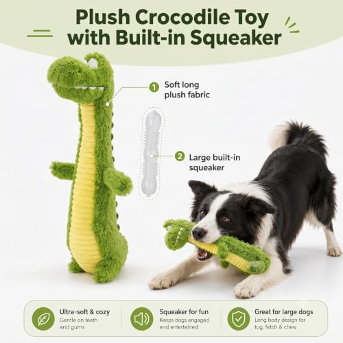 Squeaky Dog Plush Chew Toy, Interactive Tug Squeaky Toy for Chewers, Medium & Large Dogs & Fetch Play, 18.5 In Stuffed Long-Neck Crocodile Toy with Soft Plush Body for Gentle Gum Care & Boredom Relief - color: Green (Long‑Neck Crocodile)