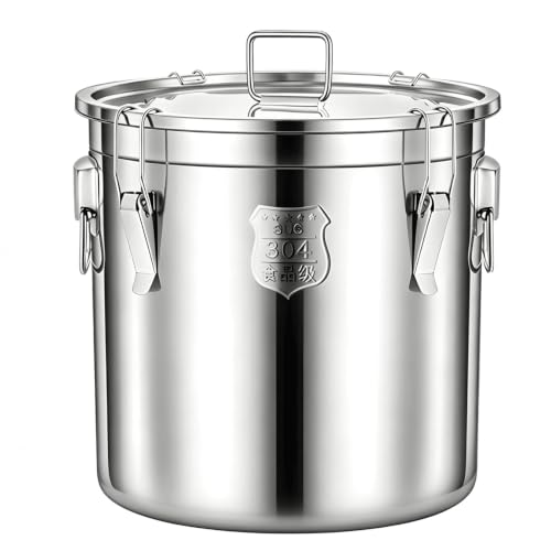 8.7Gal 304 Stainless Steel Airtight Container with Lid and Locking Clamp, Large Food Storage Container 28-60Lbs Metal Bucket for Rice, Flour, Milk Oil, Soup Commercial Liquid Storage (33L) - size: Standard 33L/8.7gal