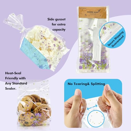 EKAPACKAGING 50Pcs 4x9.5 Inches Wildflower Flower Side Gusseted Cellophane Bags with Twist Ties, 2" Side Gussets Purple Violet Treat Bags for Cookies, Floral Spring Goodie Bags for Bridal Shower - color: Violet