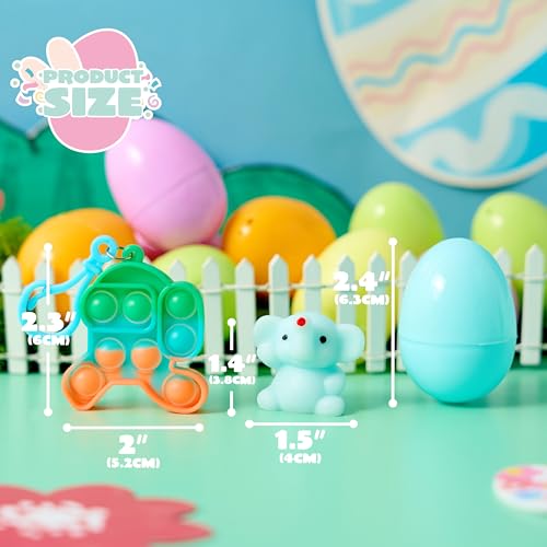 JOYIN 24 Pcs Prefilled Easter Eggs with Assorted Toys, Filled with Mochi and pop Bubble Keychains, Easter Stuffed Toys for Kids to Egg Hunt, Kids Basket Stuffers, Party Favor, Classroom Prize - style: Cute