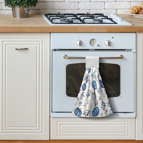 Fall Blue Pumpkin Kitchen Towels with Hanging Loop Autumn Thanksgiving Hanging Hand Towels Seasonal Eucalyptus Maple Leaf Dish Tie Towel Soft Absorbent Fingertip Bath Towel Set of 2 - color: Fall Pumpkin Leaves Blue