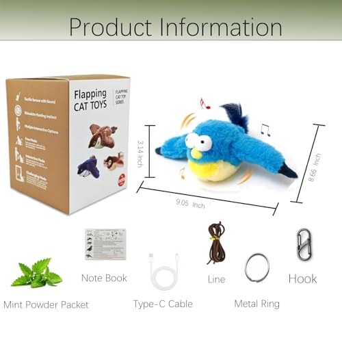 Upgraded Flappy Chase Cat Toy, Interactive Chirping Bird Cat Toy,Chirping Bird Cat Toy Flapping Wings, Flying Interactive Simulation Electric Cat Toy (Blue Large) - color: Blue