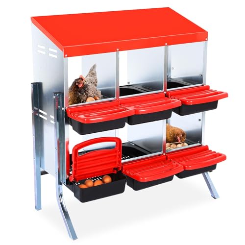 6-Compartment Chicken Nesting Boxes, Metal Hen Laying Boxes with Roll-Away Egg Tray, Lockable Lid, Easy-Clean Design for Coop and Farm - color: Red, size: 37.0"L x 16.5"W x 8.7"H