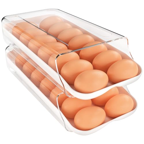 theaoo Egg Holder for Fridge, Automatic Rolling Egg Container, White, 2Pack | Quick Removable Inner Tray For Easy Egg Loading. Stackable Egg Dispenser For Refrigerator Storage And Organization - color: White, size: Pack of 2
